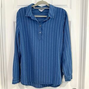 Croft & Barrow Women Long Sleeve Button Blue Striped Shirt Sz XL Linen Nautical